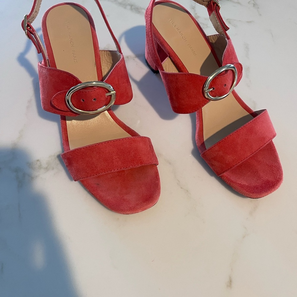 Tila March Paris Coral Suede Block Heel Sandals
